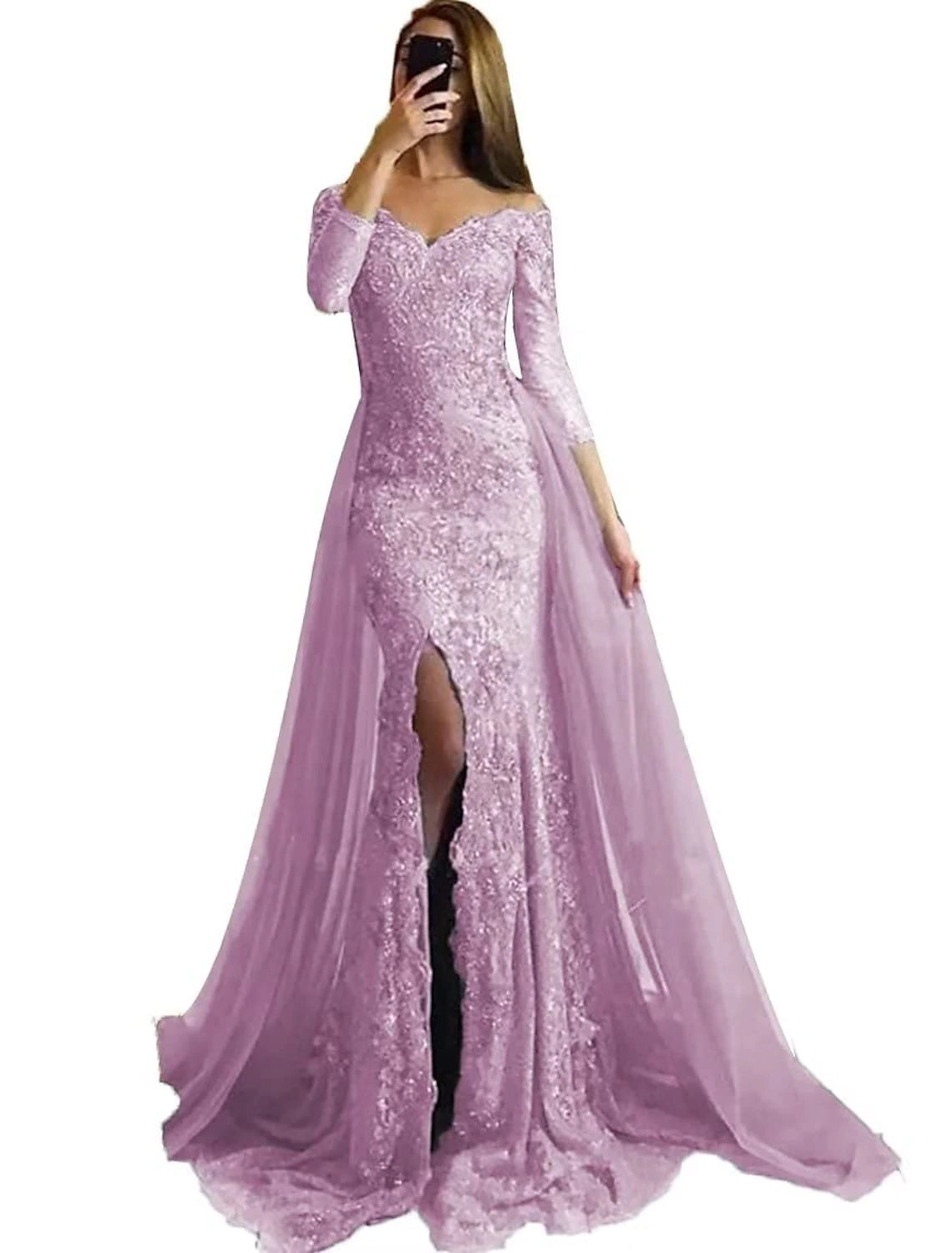 Meerjungfrau-Abendkleid, geblümtes Karnevalskleid, formelle Hochzeit, Schleppe/Pinselzug, lange Ärmel, schulterfrei, Herbsthochzeitsempfang, Chiffon mit Schlitzapplikationen